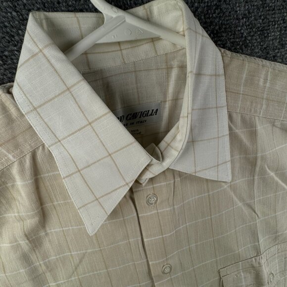 FABIO CAVIGLIA Italy Button Up Shirt Short Sleeve Cotton Size 4 Beige Check - Picture 6 of 16